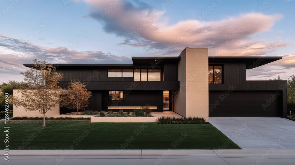 Modern architecture of a sleek black and white house at sunset in a tranquil neighborhood Modern architecture of a sleek black and white house at sunset in a tranquil neighborhood