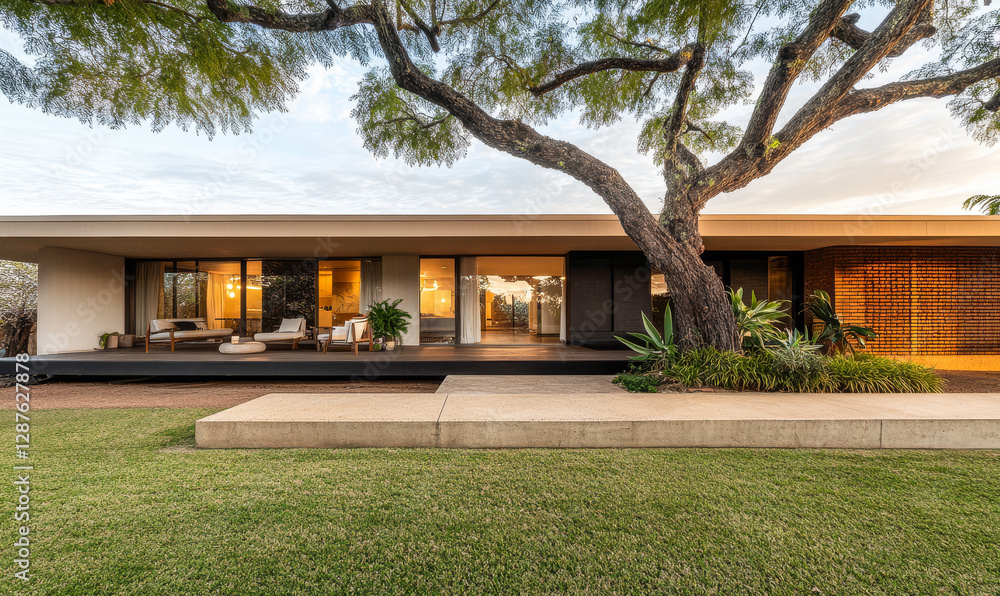 Modern architectural design of a serene house surrounded by greenery in afternoon light Modern architectural design of a serene house surrounded by greenery in afternoon light