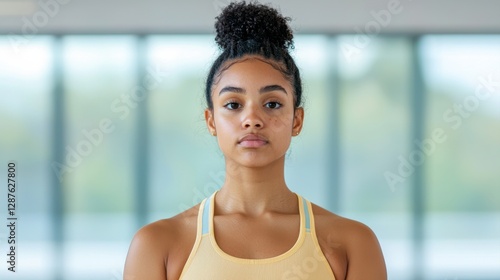 A young woman with a confident expression stands in a bright, modern space, wearing workout attire, embodying strength and determination. Free Download A young woman with a confident expression stands in a bright, modern space, wearing workout attire, embodying strength and determination. - GFXLoad