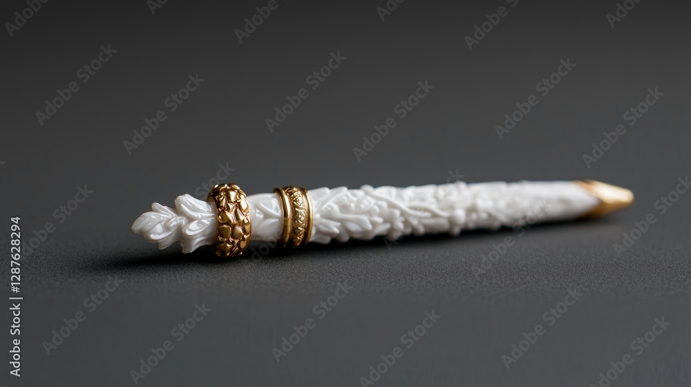 Obraz premium An ornate white carved stylus with detailed floral reliefs and gold bands rests on a dark grey surface.