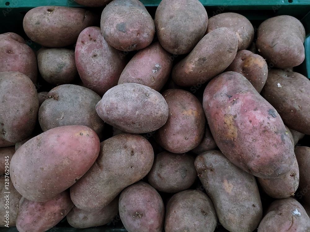 Raw Rocco Potatoes in tray at fresh market Raw Rocco Potatoes in tray at fresh market