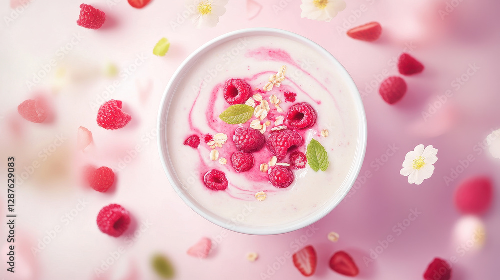vibrant smoothie bowl topped with fresh raspberries, oats, and mint leaves, surrounded by scattered berries and flowers, evokes refreshing feel vibrant smoothie bowl topped with fresh raspberries, oats, and mint leaves, surrounded by scattered berries and flowers, evokes refreshing feel