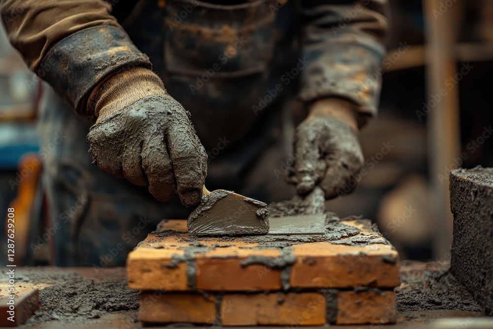 Bricklayer working on red brick wall with copy space for construction concept. Worker using trowel for masonry work with blurred background. Ideal for web design or print material. 20mm lens capture. Bricklayer working on red brick wall with copy space for construction concept. Worker using trowel for masonry work with blurred background. Ideal for web design or print material. 20mm lens capture.