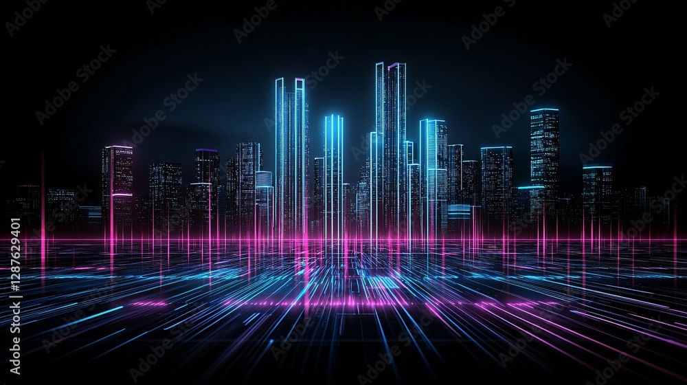 a futuristic city skyline at dusk, glowing with neon holograms and floating light displays, the sky reflecting vibrant electric blues and purples, cyberpunk aesthetic, ultra-detailed realism a futuristic city skyline at dusk, glowing with neon holograms and floating light displays, the sky reflecting vibrant electric blues and purples, cyberpunk aesthetic, ultra-detailed realism