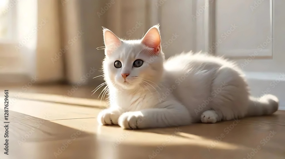 A cute and adorable kitten with soft cream and white fur, lying down comfortably on a clean and shiny floor 002 A cute and adorable kitten with soft cream and white fur, lying down comfortably on a clean and shiny floor 002
