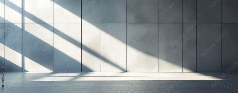 Fototapeta premium Minimalist Industrial Interior Empty Room with Grid-Patterned Concrete Wall & Polished Floor Modern Open Space with Raw Aesthetic & Soft Ambient Lighting