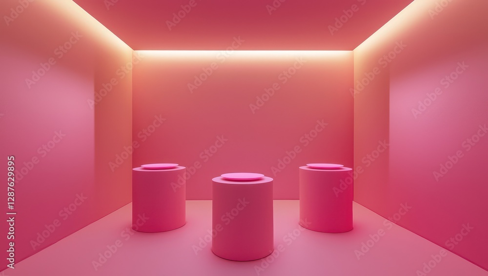 Trio of pink display pedestals in a pink room setting. Trio of pink display pedestals in a pink room setting.