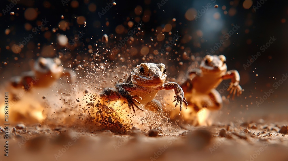 Lizards racing in desert dust, sunset background, wildlife action shot Lizards racing in desert dust, sunset background, wildlife action shot