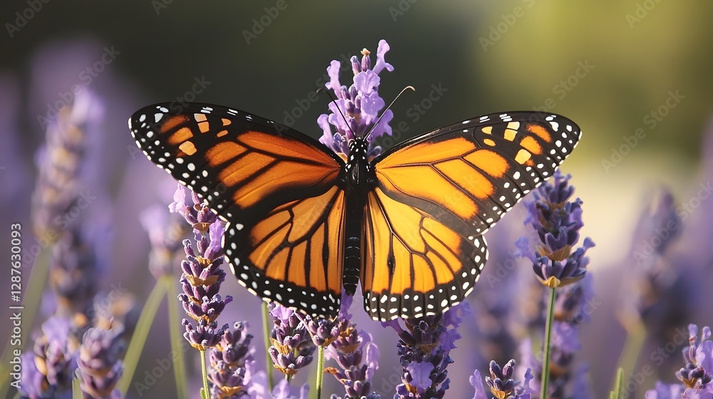 Fototapeta premium Monarch Butterfly on Lavender Flowers in a Garden Nature Photography