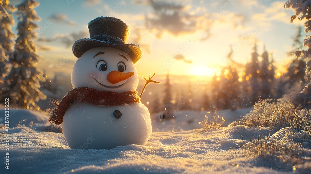 Fototapeta premium Joyful Snowman in Winter Wonderland at Sunset Festive Holiday Scene
