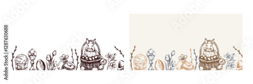 Easter vintage hand drawn border with bunny in basket, eggs, willow and flowers