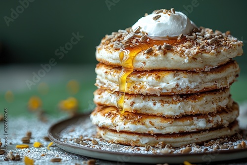 Delicious stack of pancakes with honey, cream, and sunflower seeds