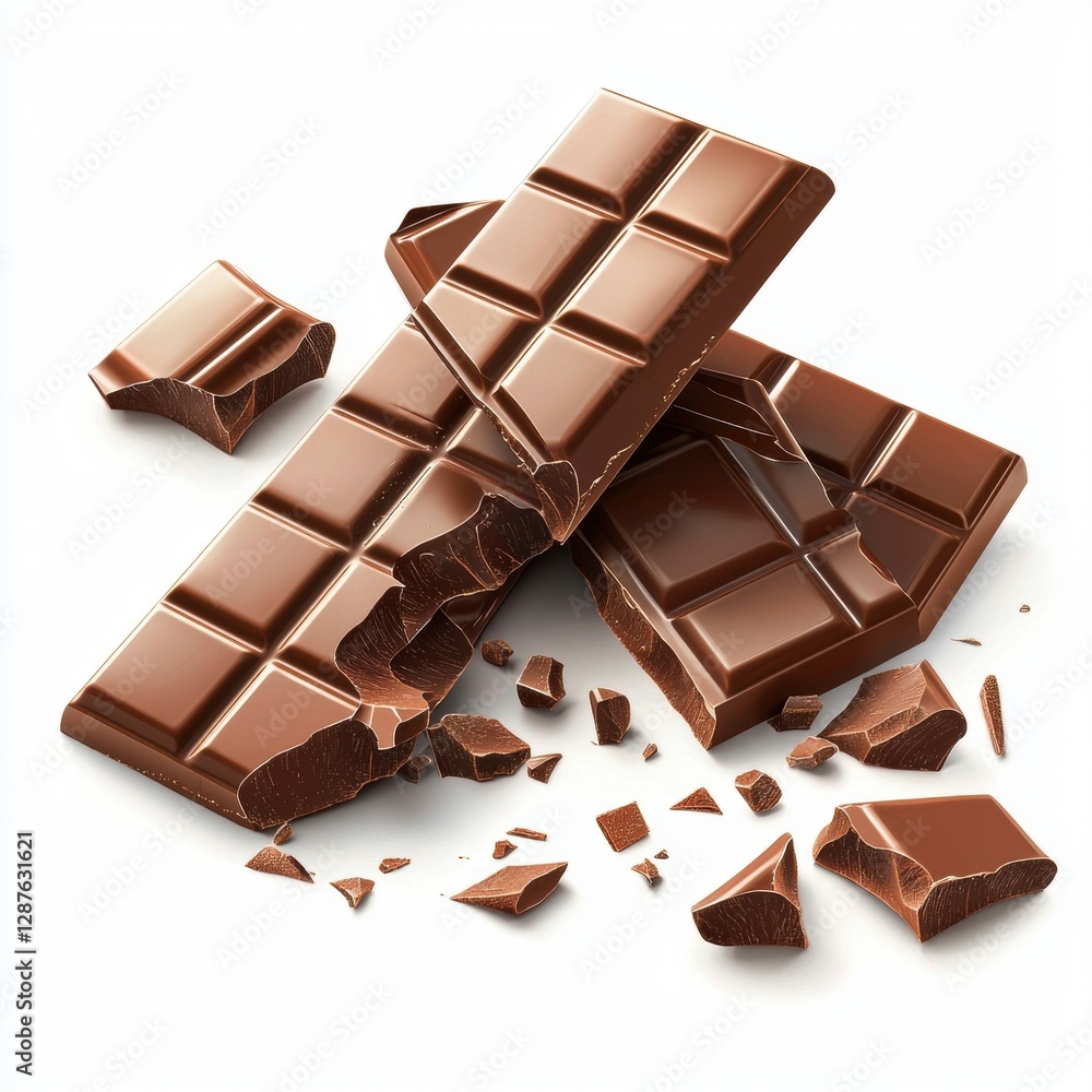 Chocolate bar broken into pieces isolated on white background Chocolate bar broken into pieces isolated on white background