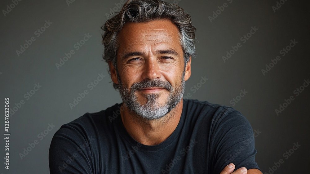 A mature man with a gentle smile and salt-and-pepper hair, exuding confidence and quiet strength against a muted gray backdrop. A mature man with a gentle smile and salt-and-pepper hair, exuding confidence and quiet strength against a muted gray backdrop.