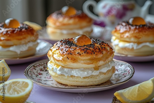 Wallpaper Mural Delicious doughnuts with cream and poppy seeds on elegant plates, perfect for a luxurious tea setting Torontodigital.ca