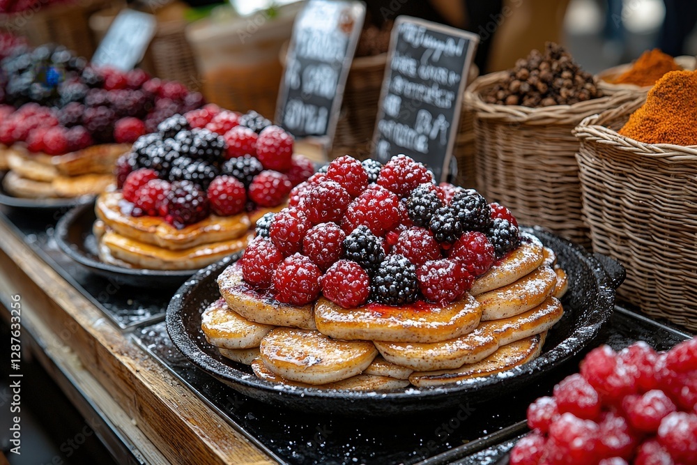 Delicious berry pancakes with powdered sugar at a rustic market stall Delicious berry pancakes with powdered sugar at a rustic market stall