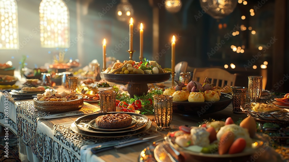 Festive Dinner Table Set with Delicious Food and Sparkling Drinks, Illuminated by Soft String Lights, Creating a Warm and Joyful Gathering Atmosphere
Festive Dinner Table Set with Delicious Food and Sparkling Drinks, Illuminated by Soft String Lights, Creating a Warm and Joyful Gathering Atmosphere