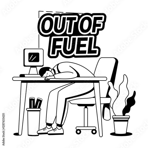 A glyph illustration of burnout character sleeping on his desk