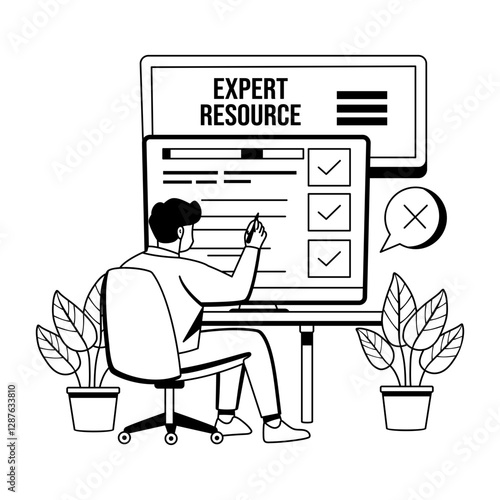 A glyph illustration of an expert resource character working on a system 