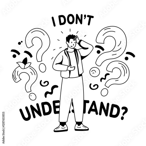 A glyph illustration of baffled character with i dont understand typography 