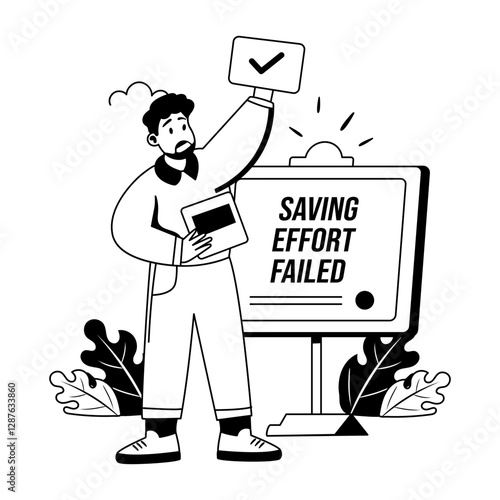 A glyph illustration of a character with saving effort failed typography 