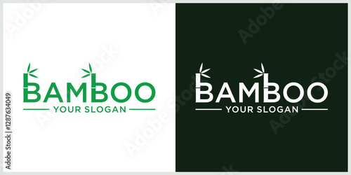 Bamboo typography logo template. Green bamboo tree vector design. Bamboo trunk logo
