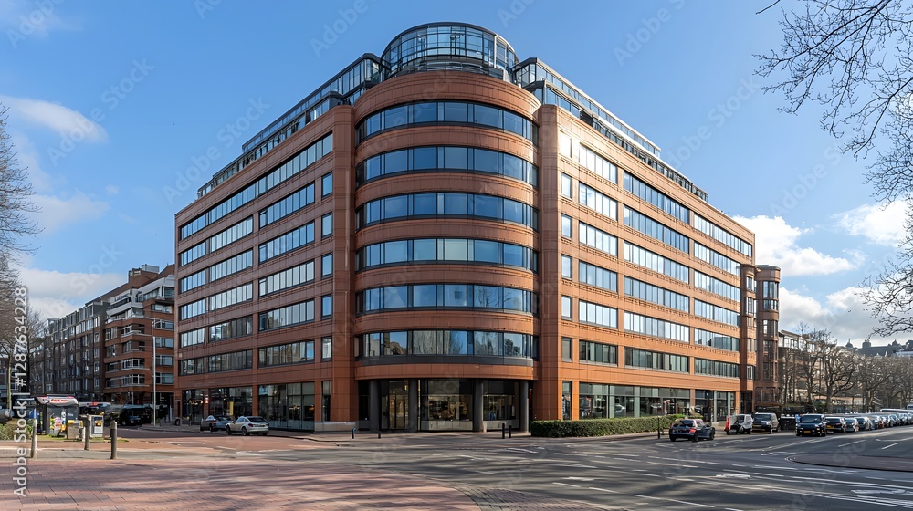 Modern Brick Office Building Corner City Street View Sunny Day Urban Architecture Modern Brick Office Building Corner City Street View Sunny Day Urban Architecture