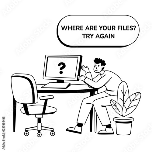 A glyph illustration of character try to recover his lost files 