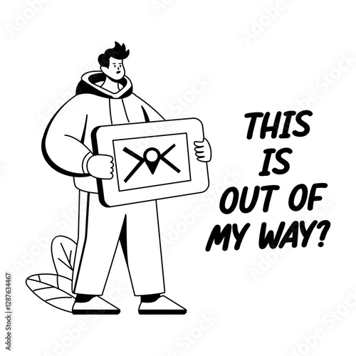 Lost boy holding a location device illustration in glyph style 