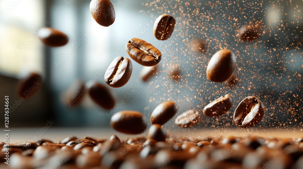 Falling coffee beans in motion, cozy kitchen, high-resolution photography, intimate environment, close-up viewpoint Falling coffee beans in motion, cozy kitchen, high-resolution photography, intimate environment, close-up viewpoint