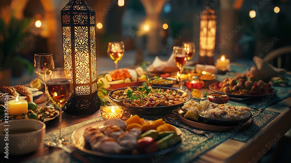 Festive Dinner Table Set with Delicious Food and Sparkling Drinks, Illuminated by Soft String Lights, Creating a Warm and Joyful Gathering Atmosphere
Festive Dinner Table Set with Delicious Food and Sparkling Drinks, Illuminated by Soft String Lights, Creating a Warm and Joyful Gathering Atmosphere