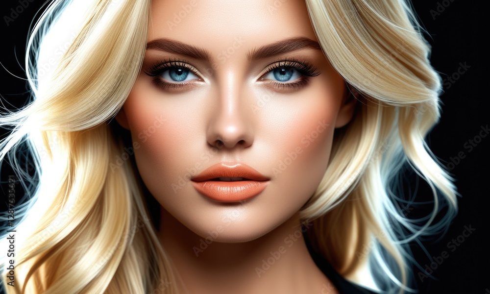 Fototapeta premium Closeup portrait of woman with blonde hair and blue eyes in dramatic lighting
