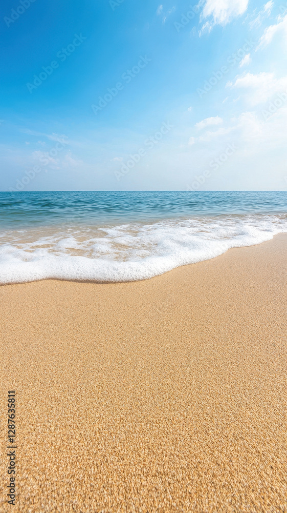 Soft waves caressing sandy shoreline create serene beach scene. clear blue sky reflects on calm ocean, inviting relaxation Soft waves caressing sandy shoreline create serene beach scene. clear blue sky reflects on calm ocean, inviting relaxation