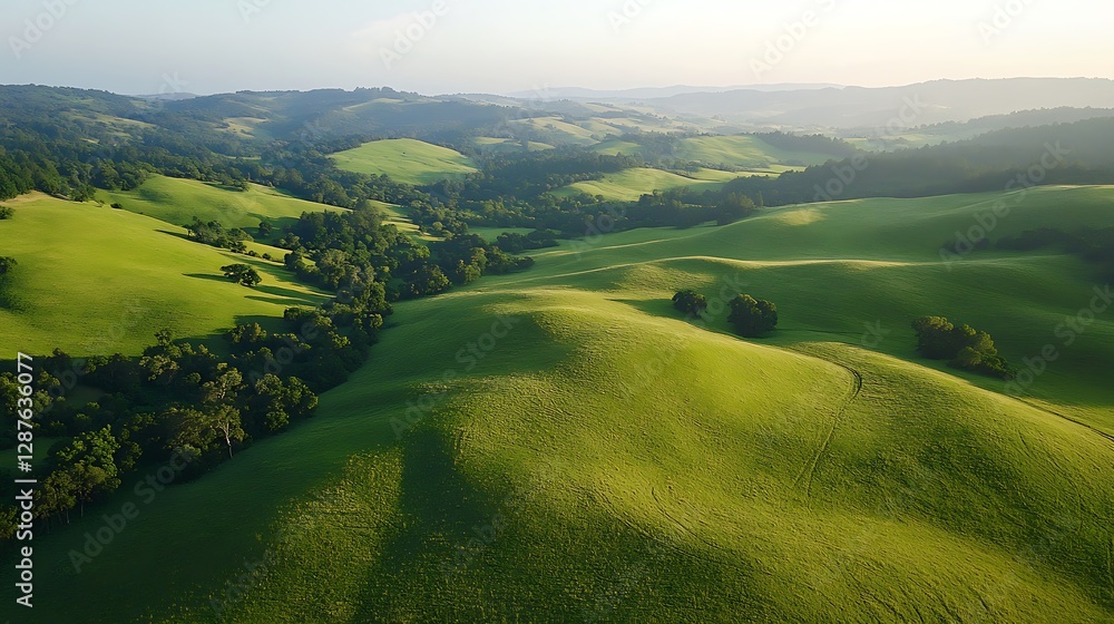 Obraz premium A breathtaking aerial view of rolling green hills, bathed in the warm golden light of dawn or dusk, showcasing the beauty and serenity of the natural landscape.