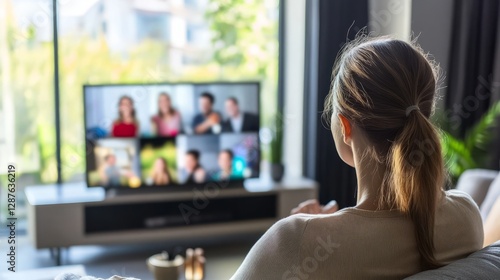 Connect with friends via video calls in a cozy living room. The overall pictu...