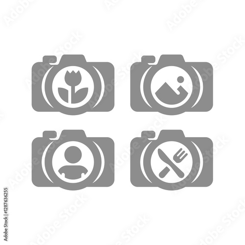 Food and landscape photography icons. Portrait and macro photos, photo camera vector icon set.