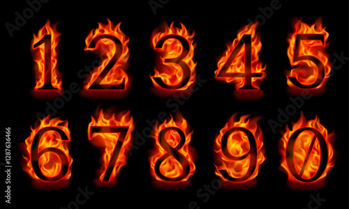 Fire numbers 1, 2, 3, 4, 5, 6, 7, 8, 9, 0 isolated on a black background. Black figures in orange flames. Vector illustration. 