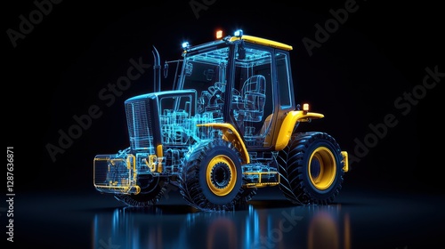 Industrial Blueprint: A captivating, high-tech blueprint visualization of a heavy-duty tractor, showcasing its intricate internal workings and robust design, poised against a sleek, dark background.