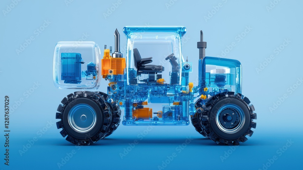 Fototapeta premium Blue Tractor Blueprint: An artistic, semi-transparent view unveils the intricate workings of a modern tractor, showcasing its internal mechanisms against a vibrant blue backdrop.