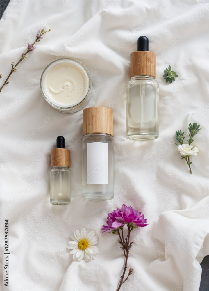 Set of cosmetic bottles with white blank label and flowers on white fabric. Natural Skincare Products Set of cosmetic bottles with white blank label and flowers on white fabric. Natural Skincare Products
