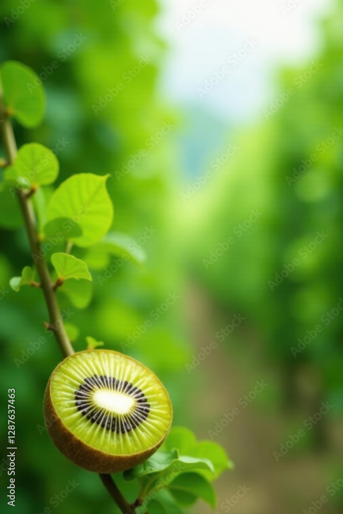 A perfectly halved kiwi fruit displays its vibrant core amidst a lush, verdant orchard setting