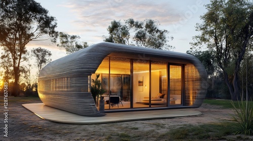 Curved 3D-Printed House: Serene Sunset Architectural Design