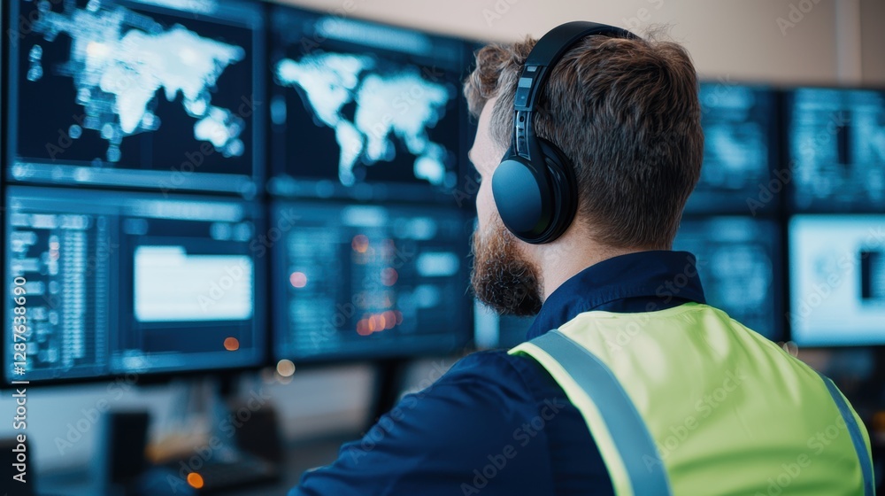 Efficient logistics hub with worker monitoring data on multiple screens Efficient logistics hub with worker monitoring data on multiple screens
