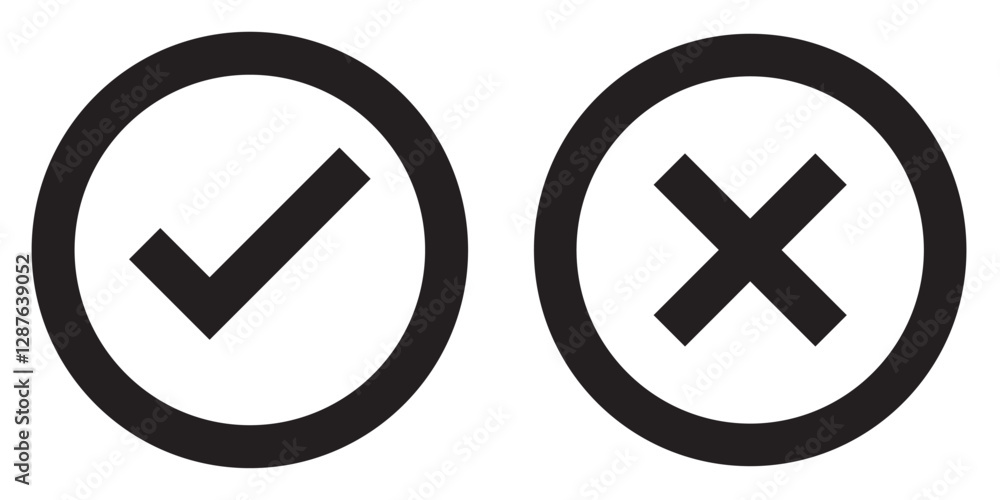 Hand drawn checklist symbols. Green check mark and red cross mark vector icons. Hand drawn checklist symbols. Green check mark and red cross mark vector icons.
