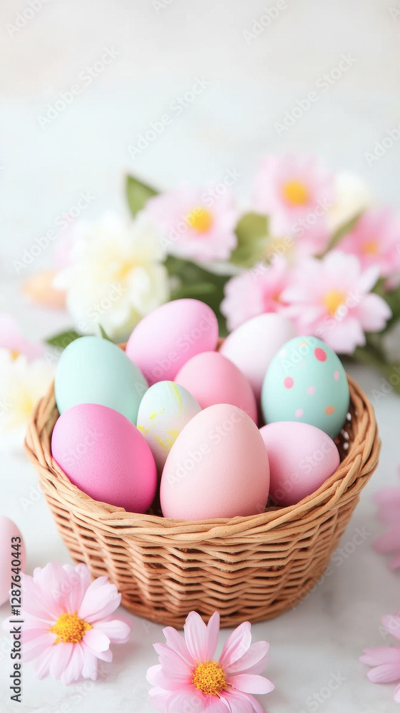 Vibrant Easter eggs in wicker basket surrounded by flowers create festive atmosphere Vibrant Easter eggs in wicker basket surrounded by flowers create festive atmosphere