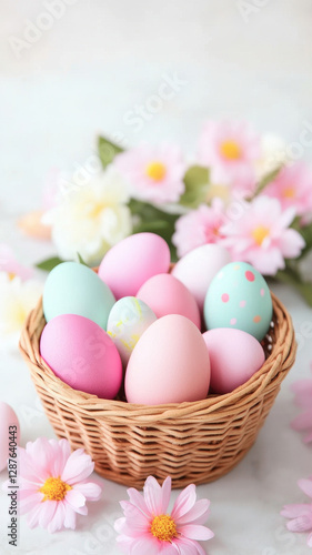 Vibrant Easter eggs in wicker basket surrounded by flowers create festive atmosphere