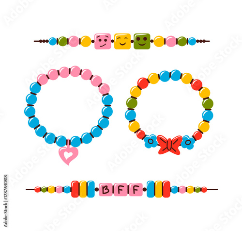 Friendship bracelet vector set. Handmade jewelry. Doodle illustration. 