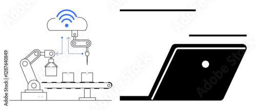 Factory robot arm interacts with conveyor belt, cloud computing above shows wireless signals, laptop adjacent. Ideal for automation, IoT, smart manufacturing, remote control, digital transformation