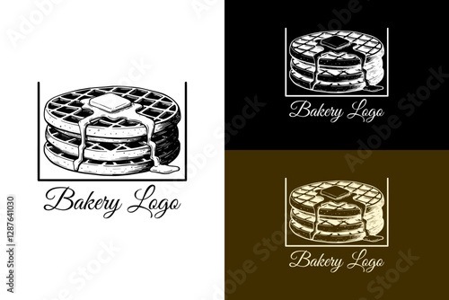stack of waffles with a melting butter piece, box, typography, bakery logo, breakfast, sweet, dessert, restaurant, breakfast, morning, office, vector, logo, abstract, silhouette