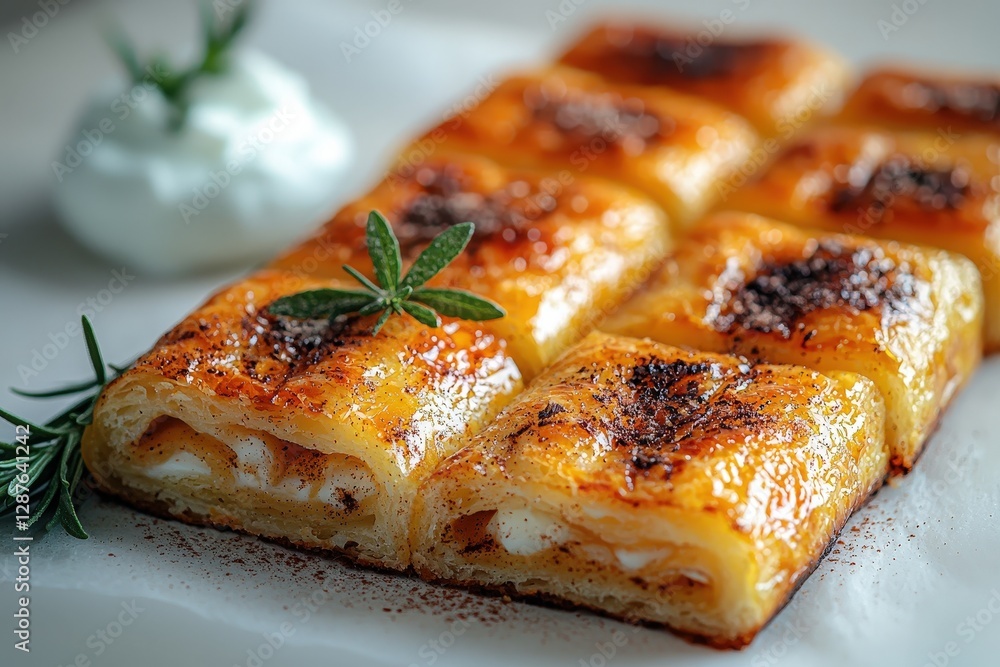 Golden baked pastry with cream cheese filling and fresh herbs on parchment paper Golden baked pastry with cream cheese filling and fresh herbs on parchment paper